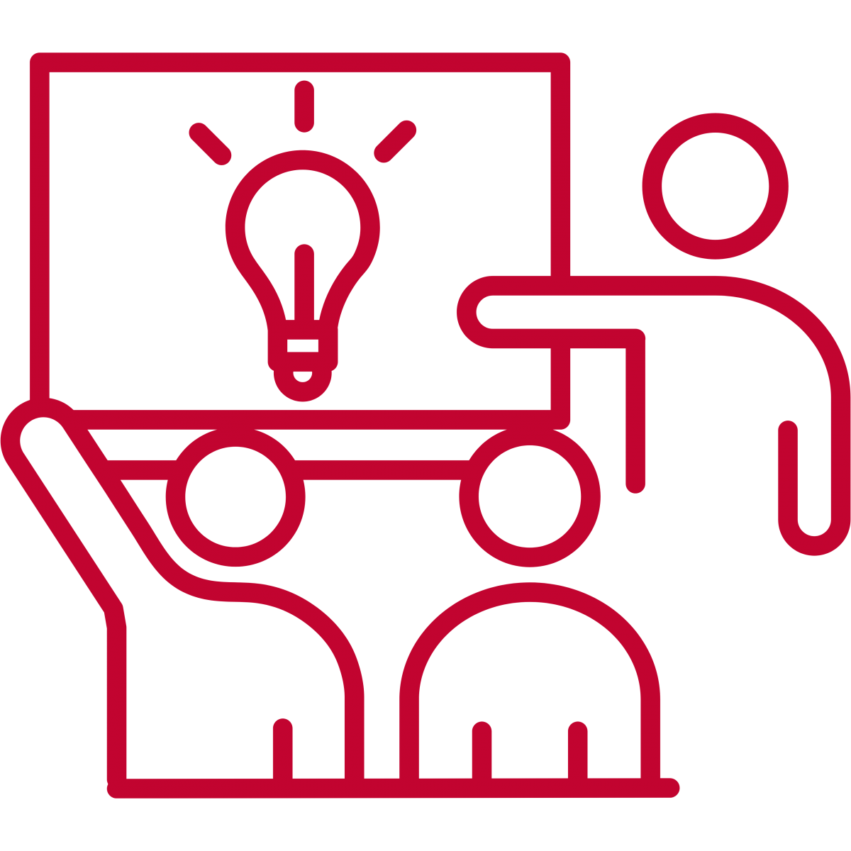 Red icon of an instructor teaching students in an in-person course. 