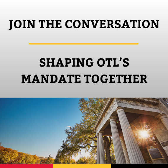 Graphic with a white-to-gray gradient background and bold black text reading “JOIN THE CONVERSATION” and “SHAPING OTL’S MANDATE TOGETHER,” separated by a thin yellow line. Below, a photo shows a classical stone structure with columns, trees with autumn leaves, and the sun shining through.
