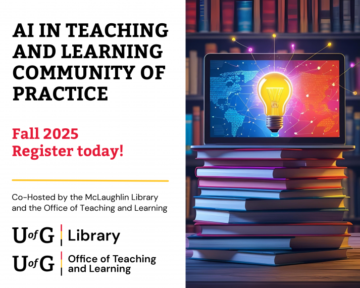 The left side has a white background with bold black and red text reading: "AI in Teaching and Learning Community of Practice Fall 2025 Register today!" Below, smaller text notes it is co-hosted by the McLaughlin Library and the Office of Teaching and Learning. The right side features a colorful image of a laptop on top of a tall stack of books. The laptop screen displays a glowing lightbulb over a digital world map with network connections, symbolizing innovation and global knowledge-sharing.