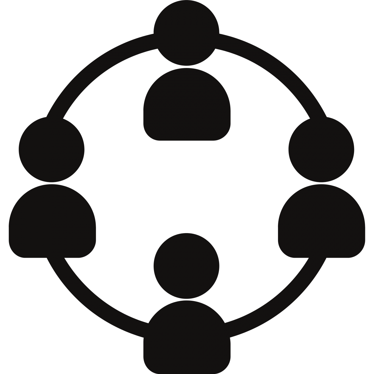 A black circle with four people around it.