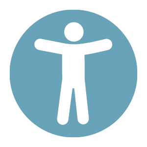 A blue circle with a white outline of a person in the center. The person has their arms out in the shape of a T. 