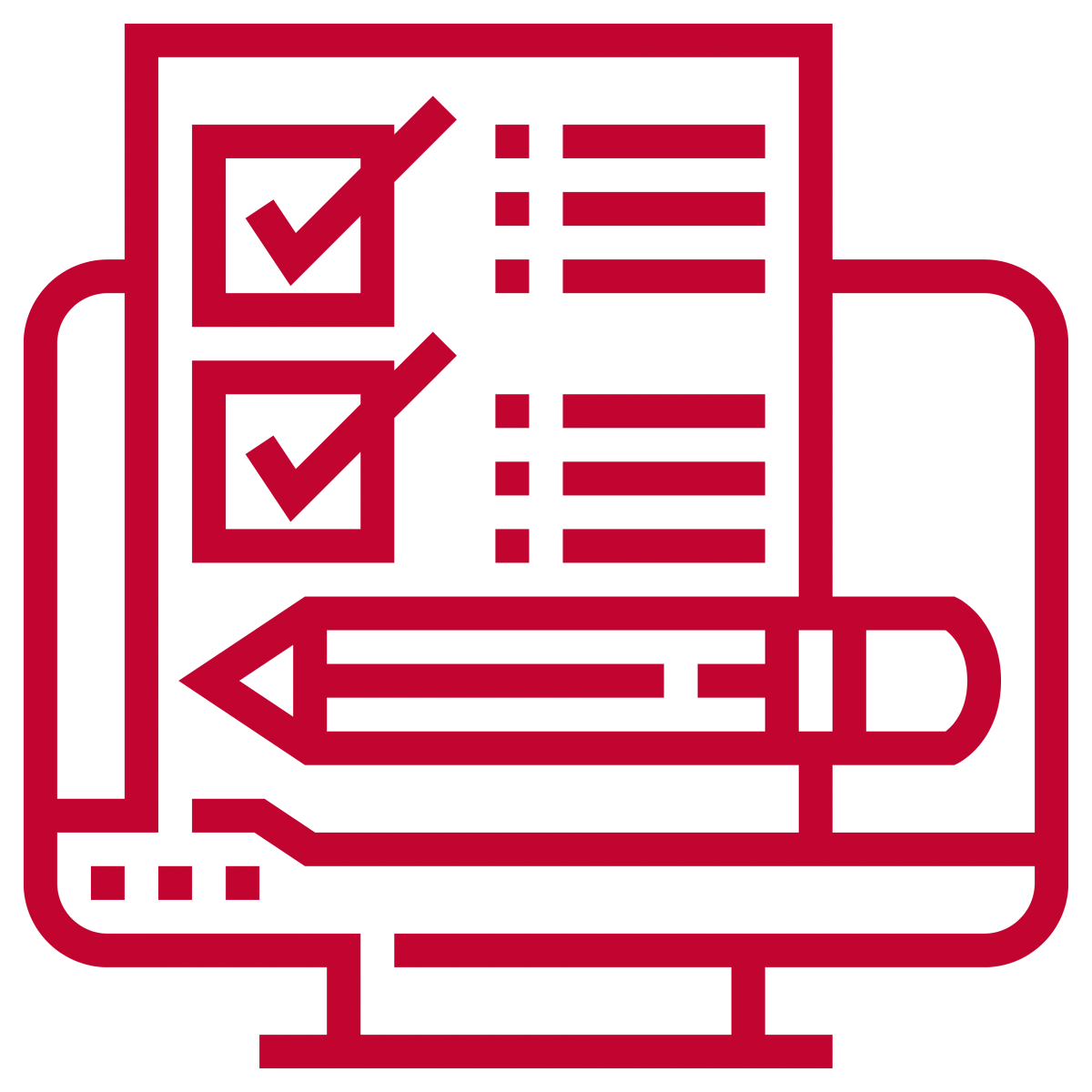 A Red Icon of a checklist with a pencil on a red computer screen. 