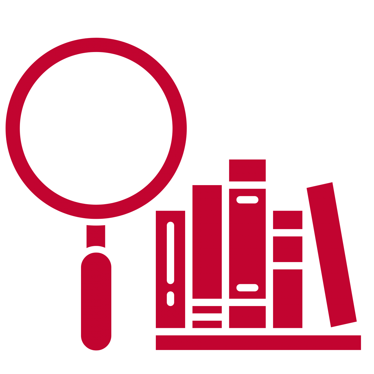 An icon of a red magnifying glass next to a red bookshelf with red books on the shelf.