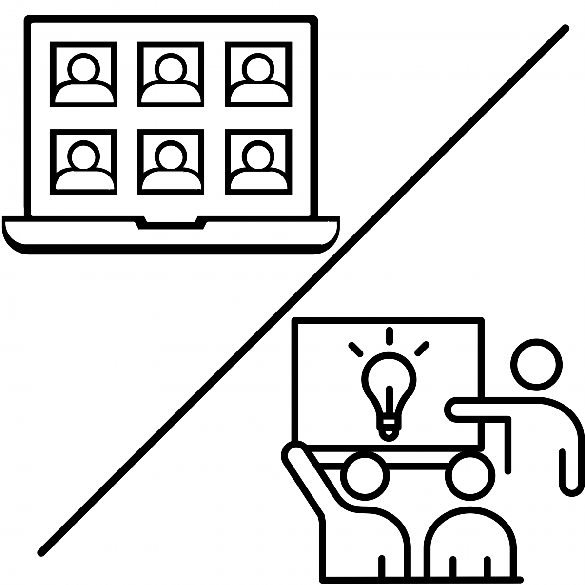 Two images divided by a diagonal divider. Six icons of people on a computer screen in the top left corner. On the right bottom corner there is a lightbulb symbol on a screen with three people gathered around pointing at the screen.