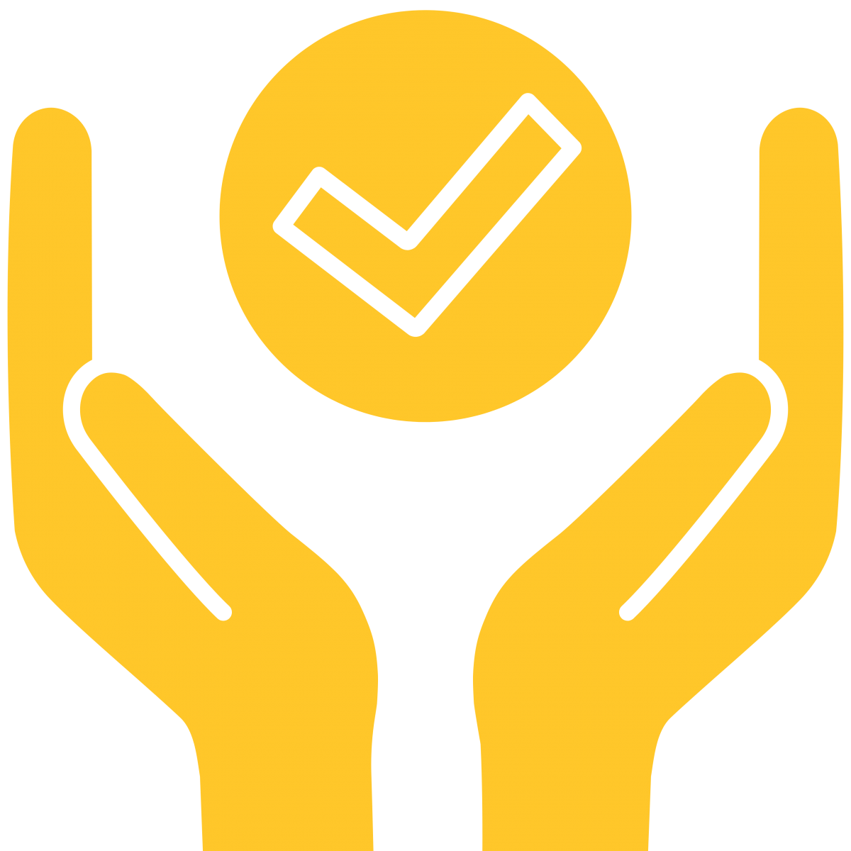Two yellow hands holding a yellow checkmark. 
