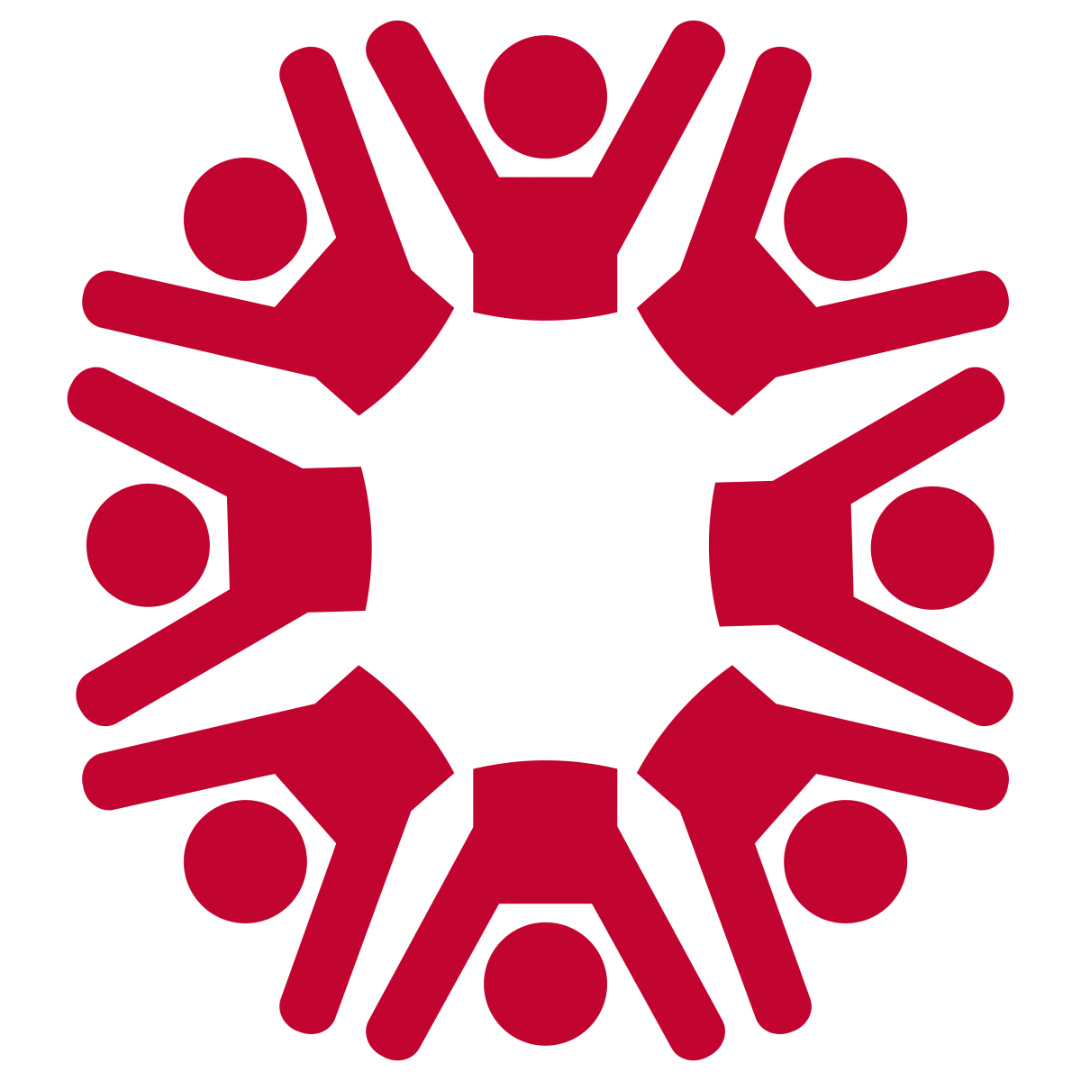 An Icon of Red people facing each other in a circle with their arms in the air.