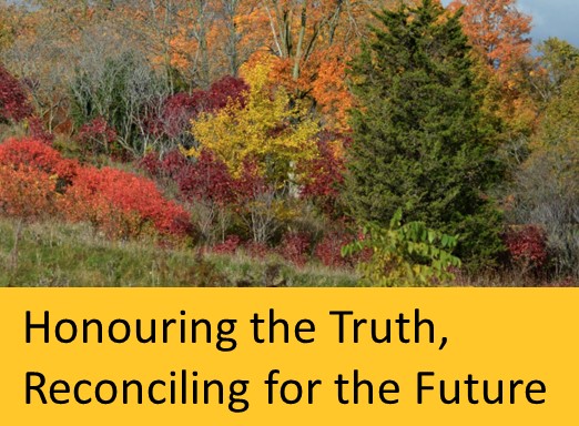 Trees in the fall with the text "Honouring the Truth, Reconciling for the Future"