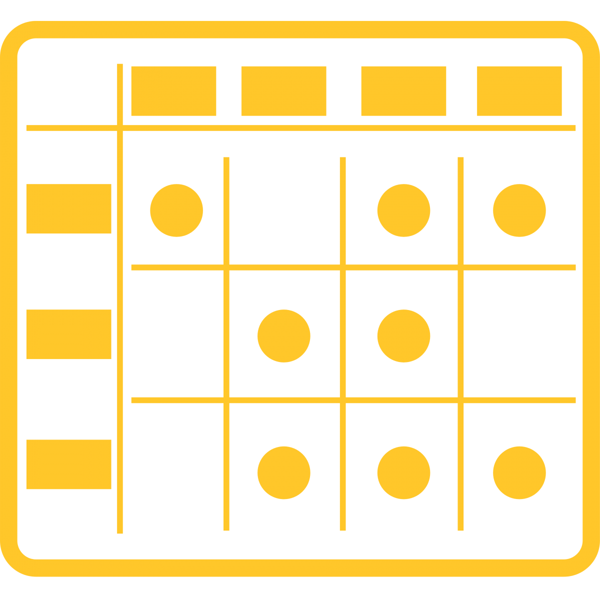 A yellow calendar marked by yellow dots. 