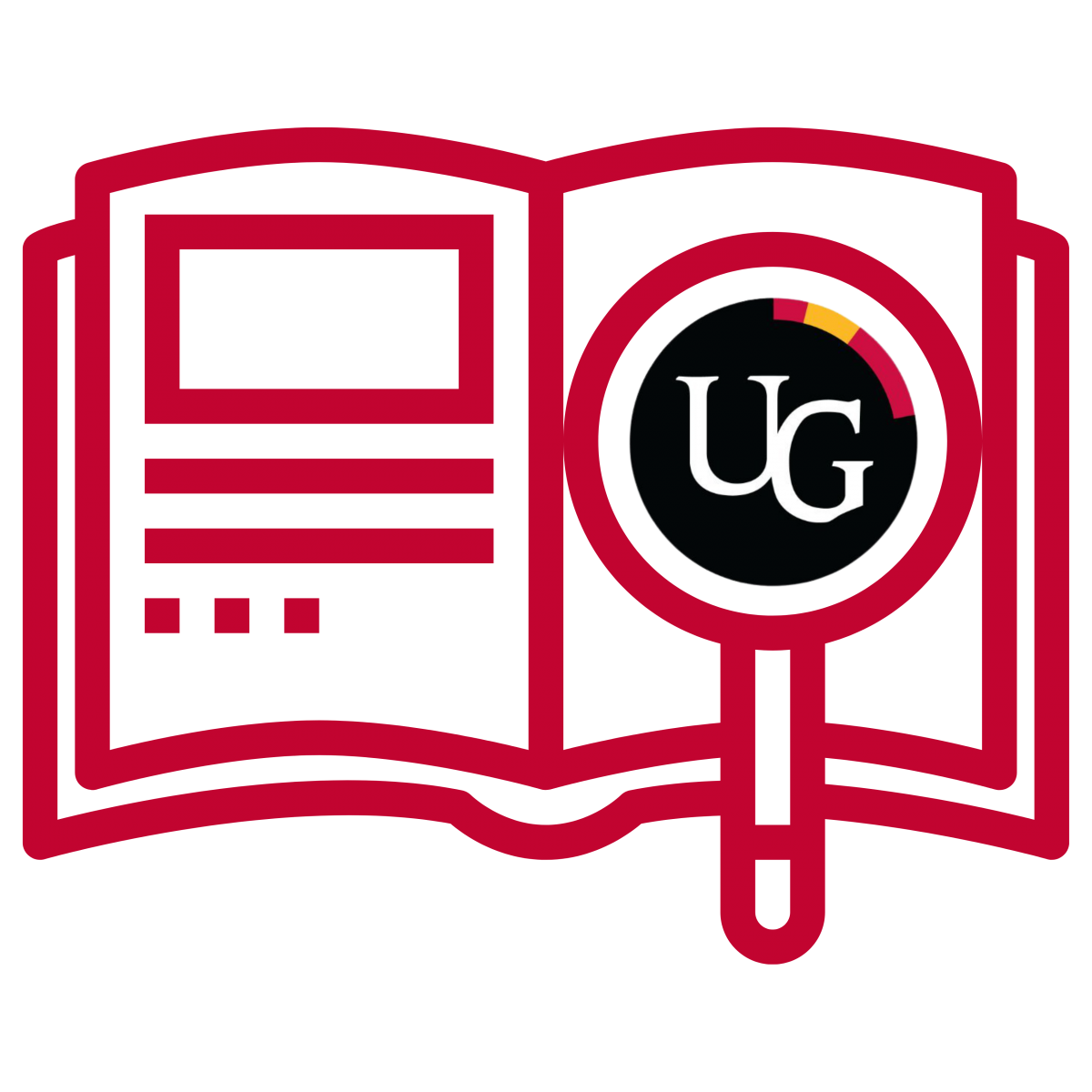 A red open book with a red magnifying glass. A University of Guelph logo is in the magnifying glass.
