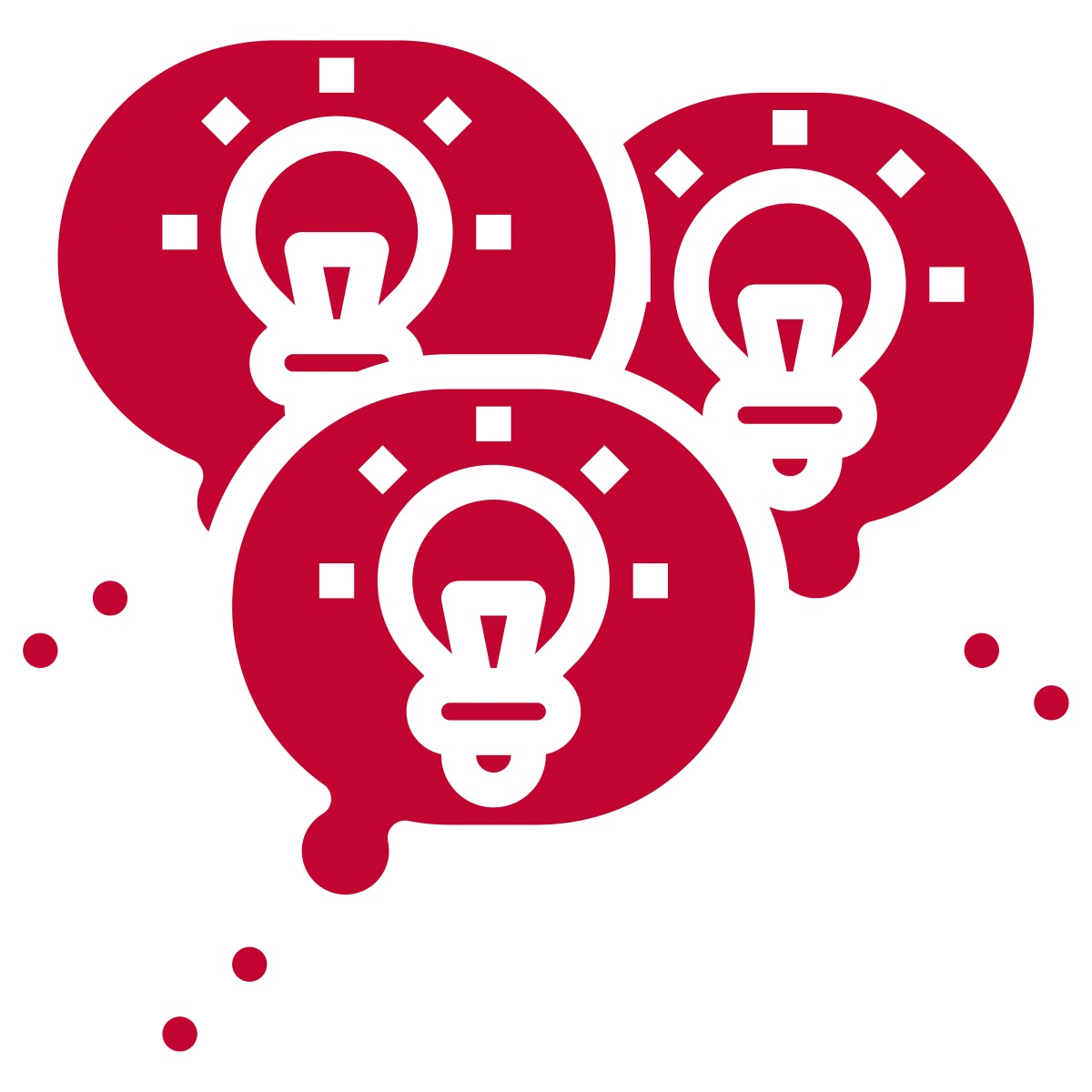 Three white outlines of the lightbulb symbol each within a separate red thought bubble. 